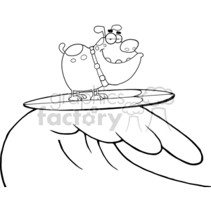 This clipart image features a funny character, which is a dog, standing on a surfboard and riding a wave. The dog character is wearing a collar with tags, indicating that it is domesticated, and has a humorous expression on its face.