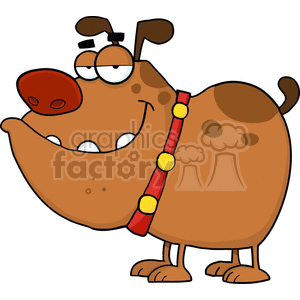 The image appears to be a cartoon of a brown dog with spots, a big smile, and wide eyes. It has a red collar with yellow spots. The dog looks cheerful and friendly.