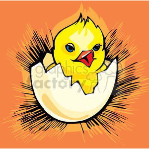 A vibrant illustration of a happy yellow chick emerging from a cracked eggshell with a bright orange background.