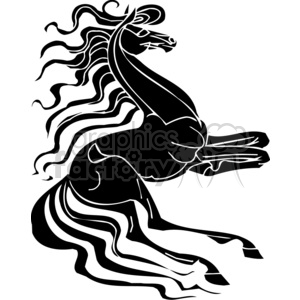 Silhouette illustration of a rearing horse with flowing mane and tail, featuring a stylized and artistic design in black and white.