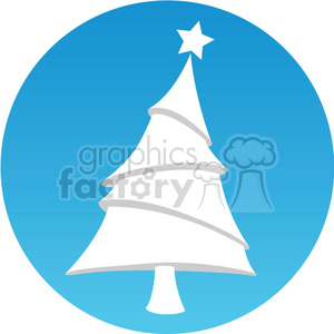 A minimalist white Christmas tree icon with a star on top, set against a blue circular background.