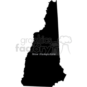 A black silhouette outline of the state of New Hampshire with the text 'New Hampshire' written across it.