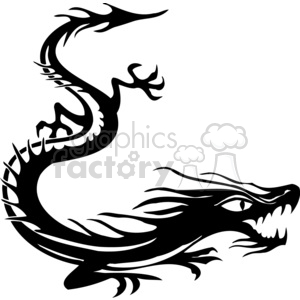 The image depicts a stylized black-and-white vector illustration of a Chinese dragon. This dragon has a dynamic, flowing design, indicating movement, with sharp angles and curves that suggest it may be suitable for use as vinyl-ready art or a tattoo design.