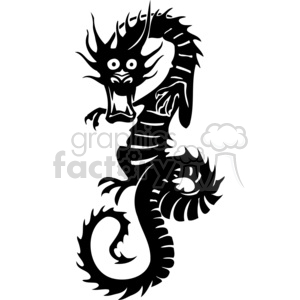 The clipart image displays a stylized, black and white representation of a Chinese dragon, featuring characteristic traits such as scales, whiskers, and a sinuous, serpentine body. The dragon's expression is fierce, with an open mouth potentially indicating a roar or flame breath. The style is bold and graphic, with solid black areas contrasting against the white background, which makes it suitable for vinyl cutting, tattoo designs, or other graphic uses.