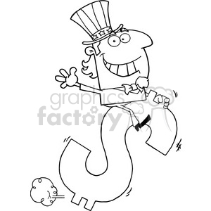 This clipart image features a cartoon character wearing a hat with stars and stripes, smiling widely and holding onto a large dollar sign symbol, which he appears to be riding.