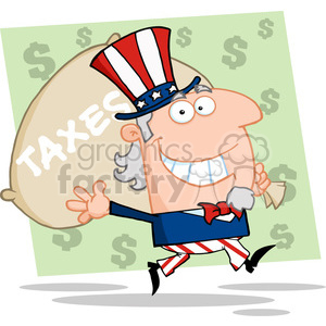 A cartoon character resembling Uncle Sam wearing a patriotic hat, carrying a large sack labeled 'TAXES' with dollar signs in the background.