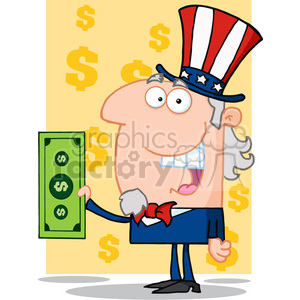 A colorful cartoon character resembling Uncle Sam holding a large green dollar bill with a background of floating dollar signs.