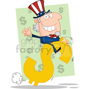 A cartoon character wearing a red, white, and blue hat, resembling Uncle Sam, is joyfully riding a large yellow dollar sign ($). The background is green with multiple dollar signs.