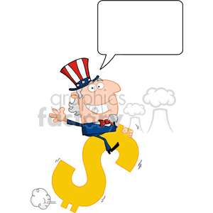 Clipart image of a character resembling Uncle Sam riding a yellow dollar sign with a speech bubble above him.