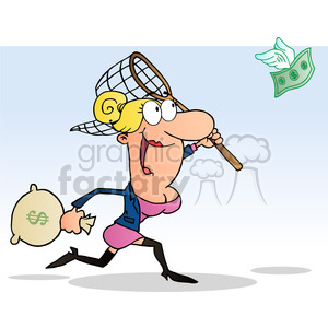 A cartoon woman chasing flying dollar bills with a butterfly net while holding a money bag.