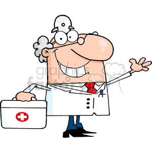 A comical cartoon doctor character holding a medical first aid kit, smiling and waving.