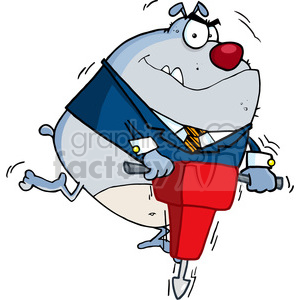 The image is a humorous and exaggerated cartoon clipart of a dog dressed as a construction worker using a jackhammer. The dog is stylized with large eyes, a red nose, and it appears to be enjoying the work. The construction outfit consists of a blue jacket, a striped tie, and white cuffs with cufflinks. The dog is shown in a dynamic pose with lines indicating movement or vibration from the operation of the jackhammer, which is colored red.