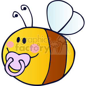 This is a cute clipart image of a smiling baby bee with a pacifier in its mouth. The bee has a round, yellow body with brown stripes, pink cheeks, and two antennae on top of its head.