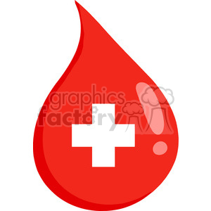 A comical clipart image of a red blood drop with a white cross symbol, representing medical and donation themes.