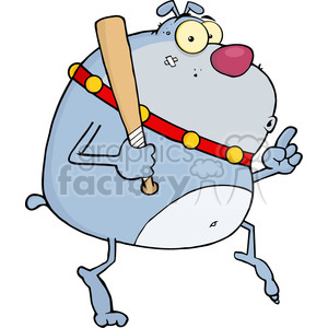 The clipart image features a comical dog standing upright and holding a baseball bat over its shoulder. The dog has a sneaky expression, a red and yellow studded collar, and a large red nose. The character appears to be a funny, cartoonish representation of a thug or bully type, with a bandage on its cheek and a loose tooth, which could hint at previous scuffles or a rough-and-tumble nature.
