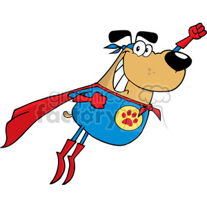   The clipart image features a humorous and comical depiction of a flying superhero dog. The dog is dressed in a blue suit with a paw print emblem on its chest, a flowing red cape tied around its neck, and wearing a pair of red superhero boots. The dog