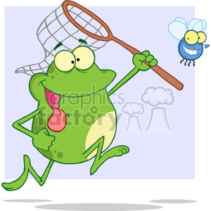 The image depicts a cartoon frog with exaggerated large eyes and a wide, happy mouth, sticking out its tongue in an eager expression. The frog is holding a brown-handled net in one hand and seems to be chasing an anthropomorphic fly, which is depicted with two wings, big circular eyes, and a small smiling mouth. Both the frog and the fly have a comic appearance, contributing to the overall humorous tone of the clipart. The background is plain and light-colored, suggesting that the focus is entirely on the characters' interaction.