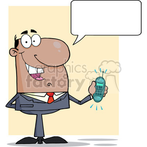 The clipart image depicts a comical cartoon salesman. This animated character is a smiling man with a large nose, wearing a business suit with a red tie. He is holding a cell phone in his hand, which appears to be ringing or generating an alert, indicated by the blue lines emanating from it. Above the man is an empty speech bubble, suggesting that he could be speaking or ready to say something. The background is a plain, light-color backdrop.