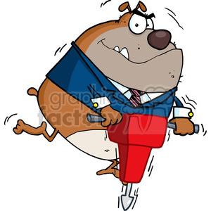   The clipart image displays a comical anthropomorphic dog dressed in a blue jacket, tie, and glasses, operating a red jackhammer. The dog appears to be a construction worker or employee and is shown vibrating comically due to the jackhammer