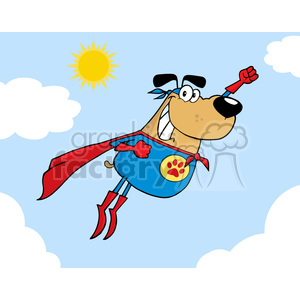 The clipart image depicts a comical superhero dog flying through the sky. The dog has a funny expression, a red cape, blue superhero suit with a paw print emblem, and red boots with fins. The background shows a sunny sky with a few white clouds.