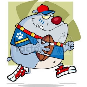   This clipart image depicts a comical dog character styled as a football player. The dog is notably large and gray, with a prominent red nose and a smirk. It