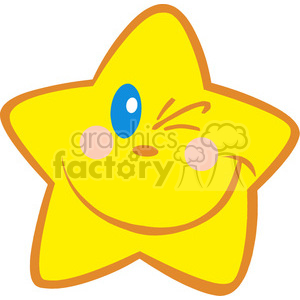 A cheerful yellow star with a big smile and a winking eye. The star has blushing cheeks and one big blue eye.