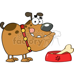 The clipart image depicts a comically drawn brown dog with exaggerated features, including large, bug eyes and a slightly open mouth showing its teeth and tongue. The dog is wearing a red collar with yellow details. Next to the dog is a red dog bowl with a paw print design on the side, and inside the bowl lies a big white bone. The overall appearance of the dog gives it a goofy and lighthearted expression.