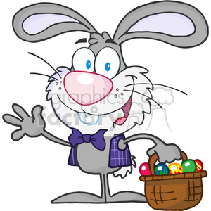   Royalty-Free-RF-Copyright-Safe-Waving-Gray-Bunny-With-Easter-Eggs-And-Basket 