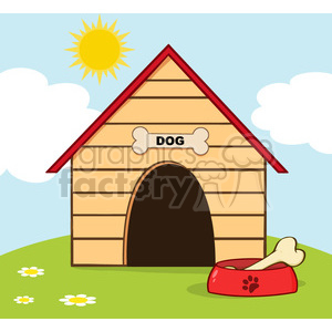 This is a colorful, cartoon-style clipart image featuring a dog house with a red roof and a sign that has DOG written on it, with a bone shape around it. There's a large bone illustration above the entrance. Outside the house, there is a red dog bowl with a paw print design on it and a large bone inside. The setting includes a green lawn with daisies, a blue sky with a sun and a cloud in the background.
