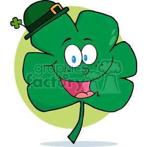   This clipart image features a cheerful and comical anthropomorphic four-leaf clover. The clover is stylized with a big friendly face, showcasing large, expressive eyes and a wide open smiling mouth with a pink tongue. It is wearing a small green hat with a black belt and gold buckle, commonly associated with Irish iconography. The clover