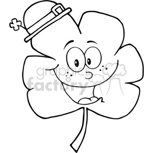   This clipart image depicts a whimsical, anthropomorphic four-leaf clover character. It features a facial expression with large, round, friendly eyes, and a content smile. The character appears to be holding a hat with a buckle on top of its head, reminiscent of a leprechaun