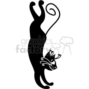 The image is a stylized, black and white clipart of a cat. The cat appears to be stretching with its tail curled in an artistic swirl and its back arched. The feline figure is presented in a silhouette style, with ornamental flourishes on the tail and head that add a decorative and whimsical touch.