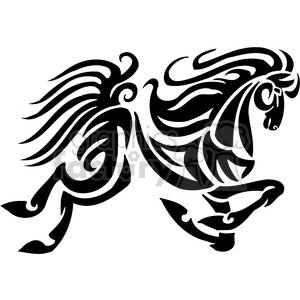 A black and white tribal-style illustration of a galloping horse with flowing mane and bold, swirling patterns.