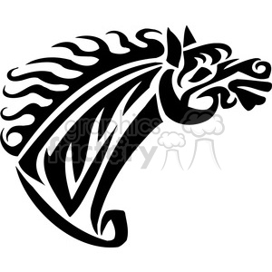 Stylized black and white clipart image of a horse head with a tribal design.