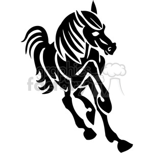 This clipart image features a stylized black silhouette of a horse in motion, captured in a dynamic pose that emphasizes the fluidity and strength of the animal. The design is bold and artistic, making it suitable for various uses such as tattoo designs, logos, and decorative elements.