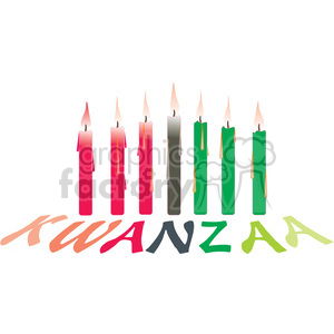 The clipart image features seven candles, known as the Kinara, which are traditionally used during the celebration of Kwanzaa. There are three red candles on the left, one black candle in the center, and three green candles on the right, all with lit flames. Below the candles, the word Kwanzaa is written in stylized, colorful letters reflecting the red, black, and green colors of the candles.