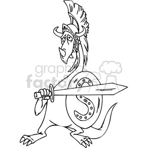 The clipart image illustrates a whimsical and funny dragon character, depicted in a fantasy style. The dragon is anthropomorphized, standing on two legs and brandishing a large spear with a round shield attached to its wrist. It's wearing a Viking-like helmet adorned with feathers, adding to its fantastical and comedic appearance.
