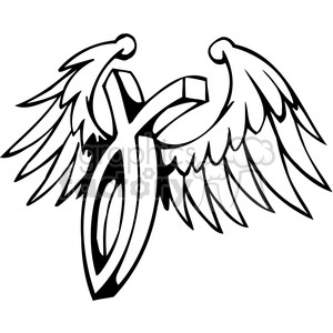 A black and white clipart image featuring a Christian cross with wings, commonly used as a tattoo design.