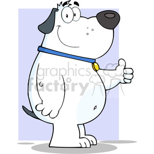 The image is a cartoon-style clipart featuring a white dog with black spots on its ears and around one eye. The dog is sporting a blue collar with a yellow tag and appears to be smiling and giving a thumbs up gesture with one paw, which comically suggests the dog is hitchhiking.