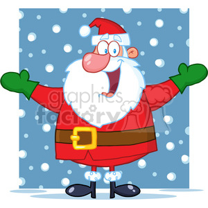 A comical clipart image of Santa Claus with a cheerful expression, standing with his arms open in front of a snowy backdrop.