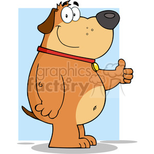 This is a cartoon image of a brown dog with a big black nose, wearing a red collar with a gold tag. The dog has a friendly expression, featuring large white eyes with black pupils, and is standing on its hind legs. It appears to be hitchhiking, as it is extending its right front paw in a thumbs-up gesture. The dog looks comical and the overall theme is light-hearted and humorous.