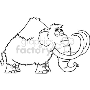 This is a black and white clipart image of a comical mammoth from the Stone Age. The mammoth is illustrated in a cartoonish style, with shaggy fur, large curved tusks, a trunk, and caricatured facial features including glasses, showing a funny and lighthearted take on the prehistoric creature.