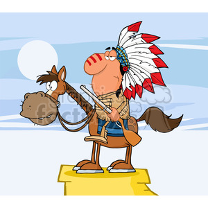 A comical illustration of a Native American warrior in traditional attire with a feathered headdress, humorously depicted riding a horse against a western landscape.