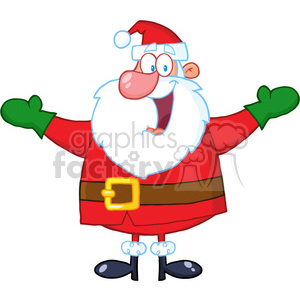 A cheerful, comical cartoon of Santa Claus with a big smile, wearing a traditional red suit and green mittens.