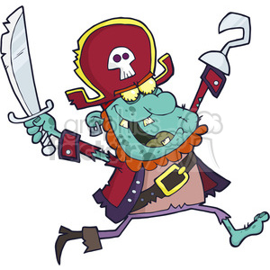 A comical cartoon pirate zombie character with a sword and hook hand, wearing a pirate hat with a skull symbol.