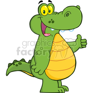   This is an image of a cartoon alligator. The alligator is green with a large, round, yellow belly. It has big, bulging yellow eyes with black pupils, and it is grinning with its tongue sticking out, which provides a comical look. Additionally, there are tears by its eyes, suggesting it may be crying either from happiness or laughter. The alligator