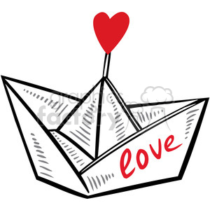 A clipart image of a paper boat with a red heart on top and the word 'love' written on it, symbolizing romance and Valentine's Day.