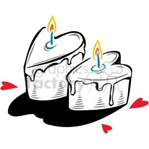 Clipart image of two heart-shaped cakes with icing and candles, surrounded by small red hearts.