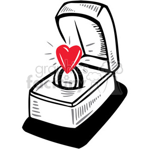 Clipart image of an engagement ring in a box with a heart symbol on it, symbolizing love and Valentine's Day.