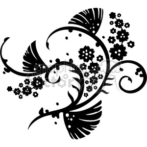 Black and white clipart image featuring an intricate floral design with swirling curves and various flowers.